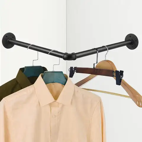 Industrial Pipe Clothes Rack Wall Mounted L-Shaped Corner 90°Curved Clothing Garment Rail Hanging Rod for Laundry Room & Closet