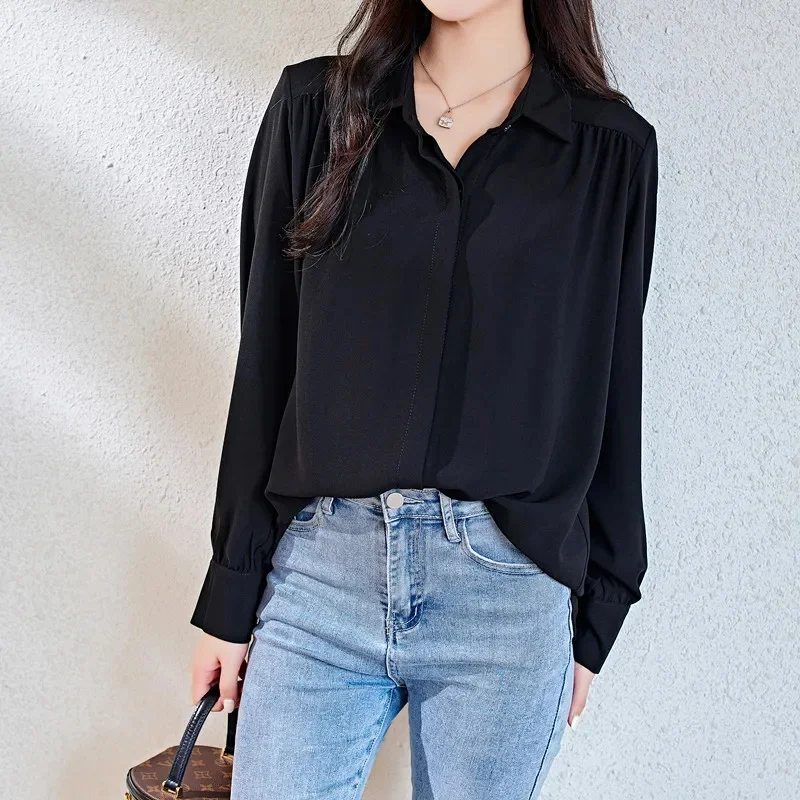 Senhoras cor sólida chiffon camisa jaqueta hong kong ventos feminino lanterna manga blusa casaco 2024 mulheres camisas de manga comprida outwear