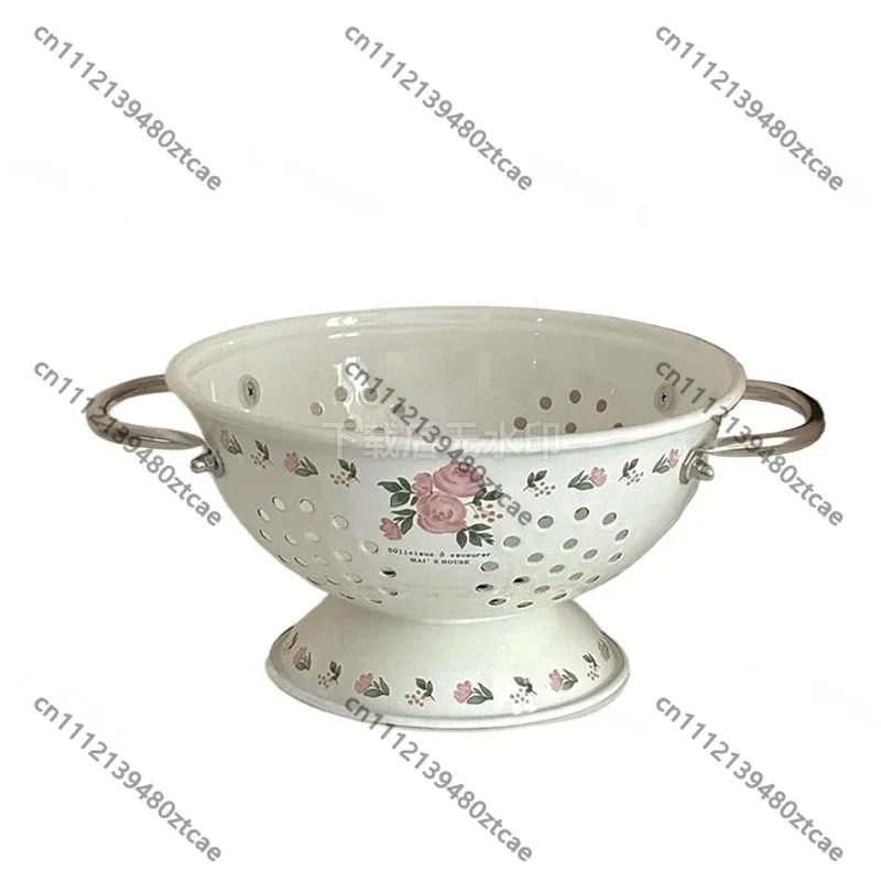 French Vintage Pink Rose Enamel Fruit Basket, Elegant Draining Tray White Storage Basket for Kitchen Living Room Decor