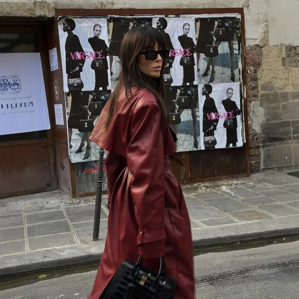 ロングレザーレディースコート 2025 春秋 ファッション ルーズ ストリートスタイル レディースコート