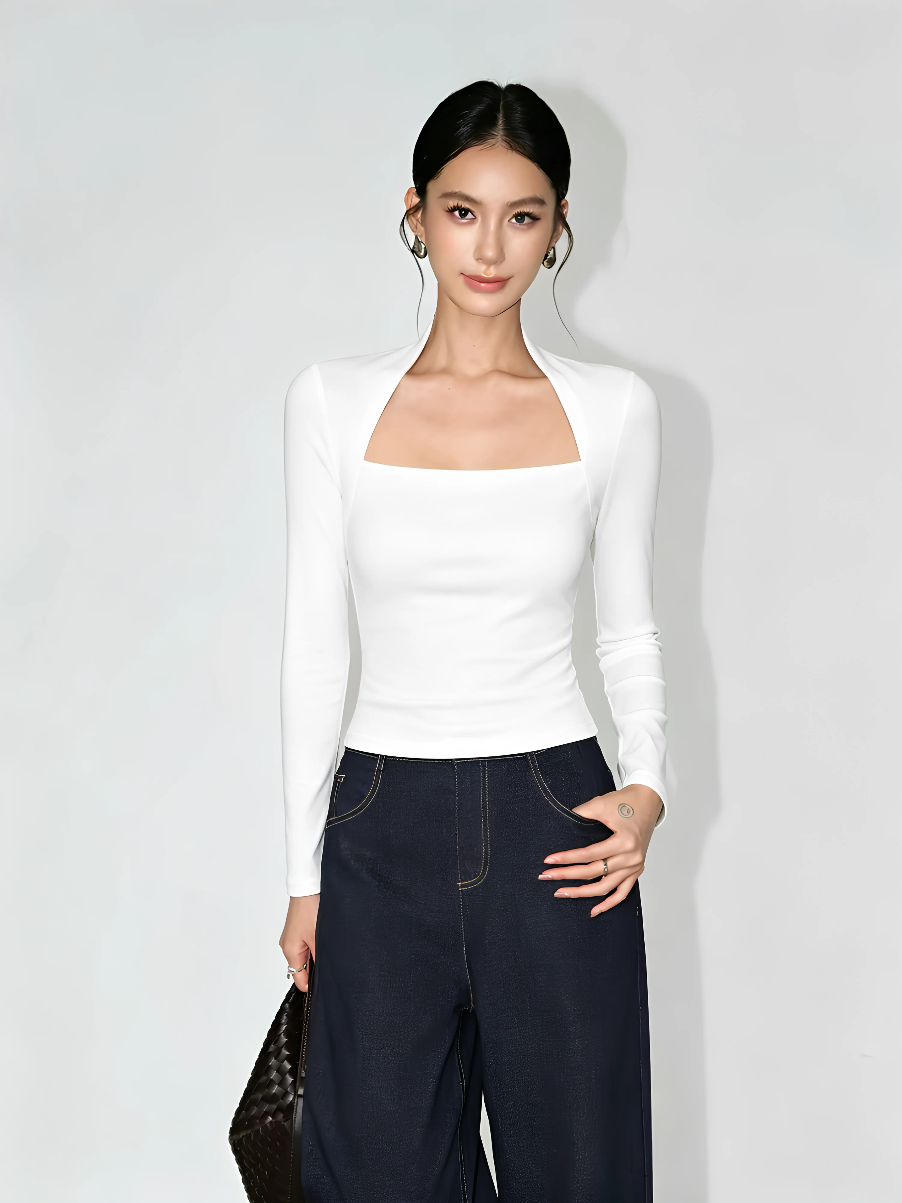 Spring Autumn 2026 Women's Slim Fit Long Sleeve T-Shirt Square Collar Base Shirt Sexy Shoulder Level Top Commute Style Korean...