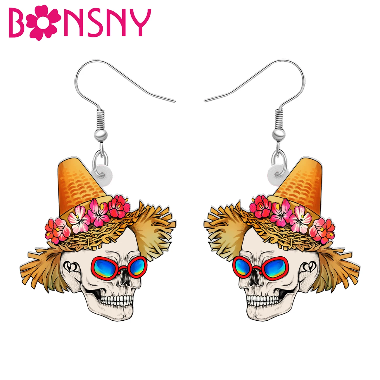 BONSNY Halloween Acrylic Beach Straw Hat Skull Earrings Dangle Drop Novelty Punk Jewelry for Women Girls Kids Charms Gifts