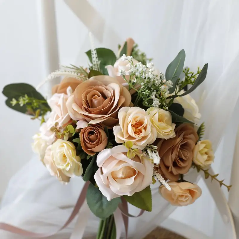 Mori Wedding Simulation Rose Champagne Curry Bride Wedding Holding Flowers Wedding Dress Travel Bouquet