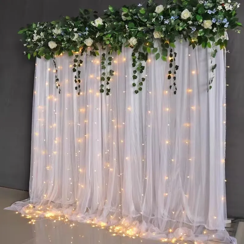 Customized Wedding Background Decoration Veil Bilayer Design Yarn Curtain With Flower Row For Birthday Baby Shower Party Layout