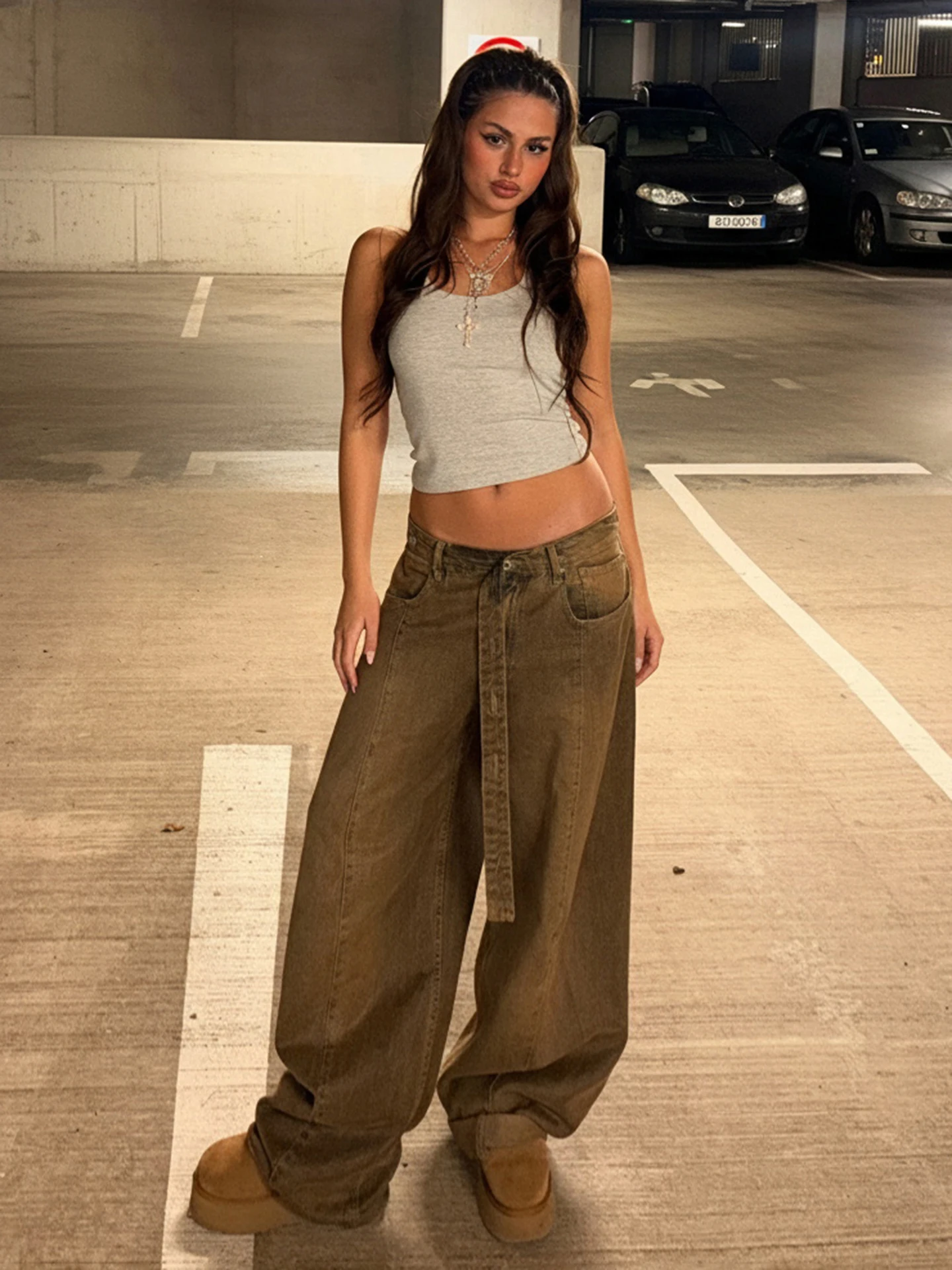 

Street Style Low Waist Distressed Denim Belted Wide Leg Pants Loose Fit Slimming Jeans for Young Women Casual Wear