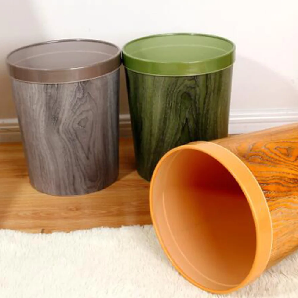 

Plastic Garbage Bin Imitation Wood Grain Round Trash Can for Bathroom Desktop Storage Basket Environmental Protection