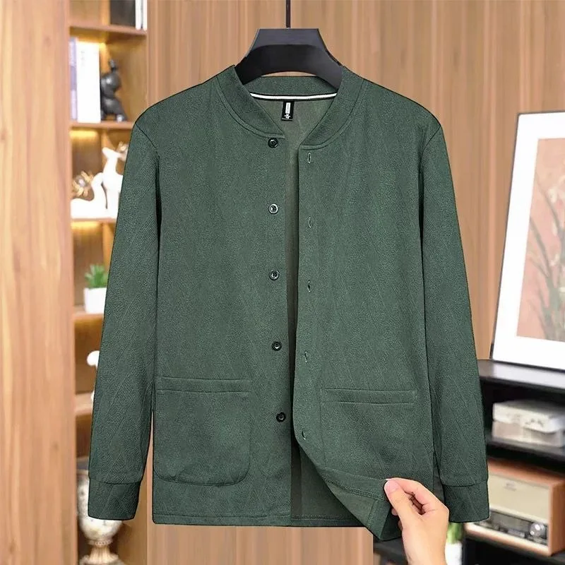 Men Stand Collar Button Up Cardigan Long Sleeve Tops Warm Casual Inner Shirts for the Elderly Autumn Winter