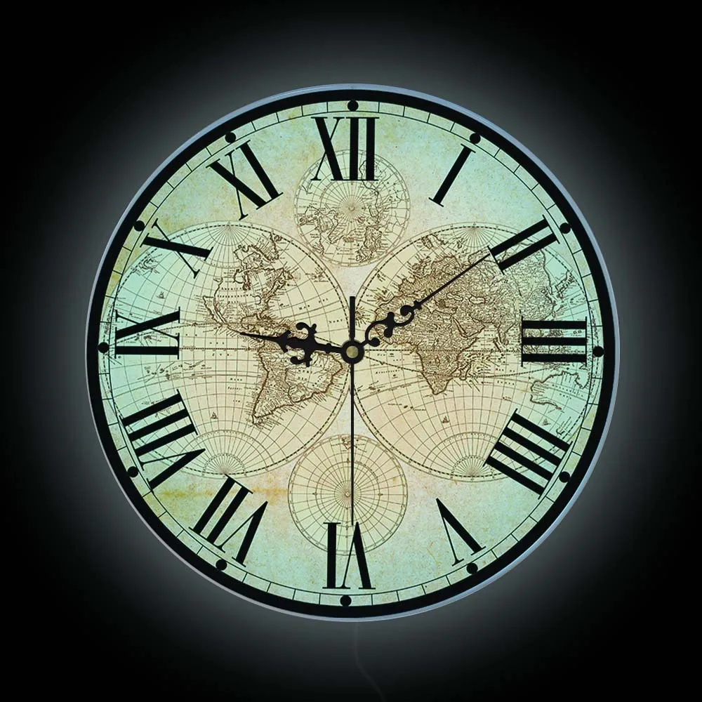 

Retro World Map LED Backlit Wall Clock For Living Room 17th Century Historic Style Roman Numerals Silent Sweep Nightlight Clock