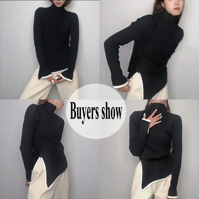 Solid Color Turtleneck Sweater Woman Winter 2024 Ribbed Slim Fit Side Knitwear Women Soft Knitted Sweaters Pullover