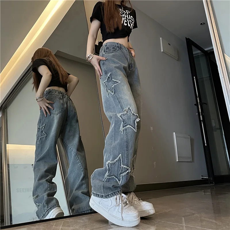 Sterne Patch Frauen Blau Jeans Neue Mode Y2K Quaste Hosen Korea Stil Gerade Hip Hop Spleißen Hosen Mädchen Streetwear