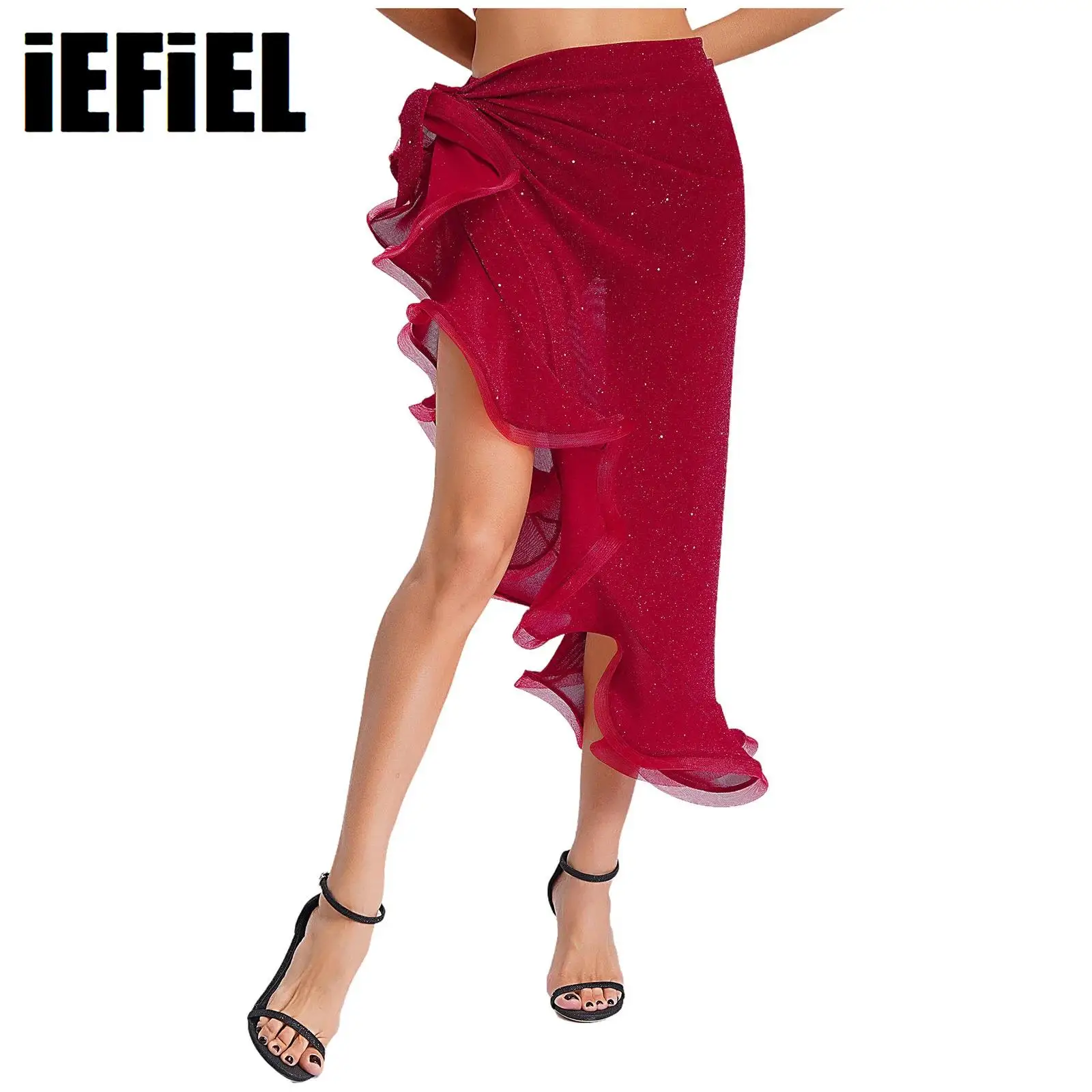 

Women Belly Dance Skirt Sets Self-Tie Shimmery See-Through Wavy Hip Scarf With Shorts for Practice Stage Performance