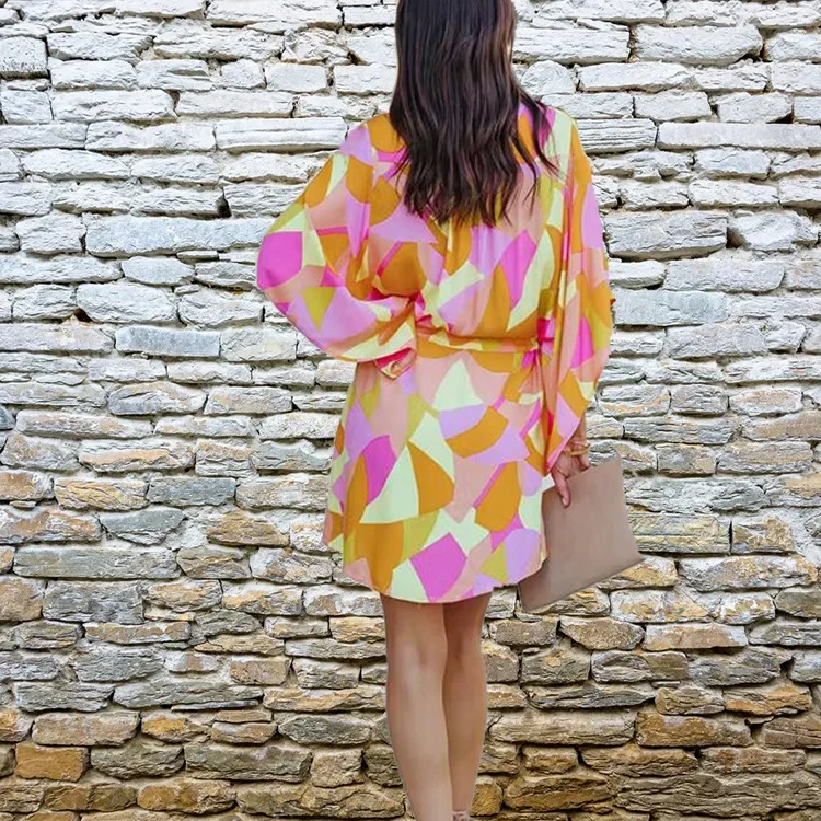 Fashion Batwing Sleeve Print Lace Up Mini Dress for Women Sexy V-Neck Casual Loose Boho Holiday Short Dresses Woman 2025 Summer