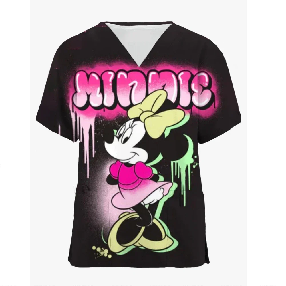 Disney Minnie Pet Hospital Work Clothes Women Short-sleeved Tops Stretch Nurse Uniform Dental Clinic Mickey Mouse Surgical Gown