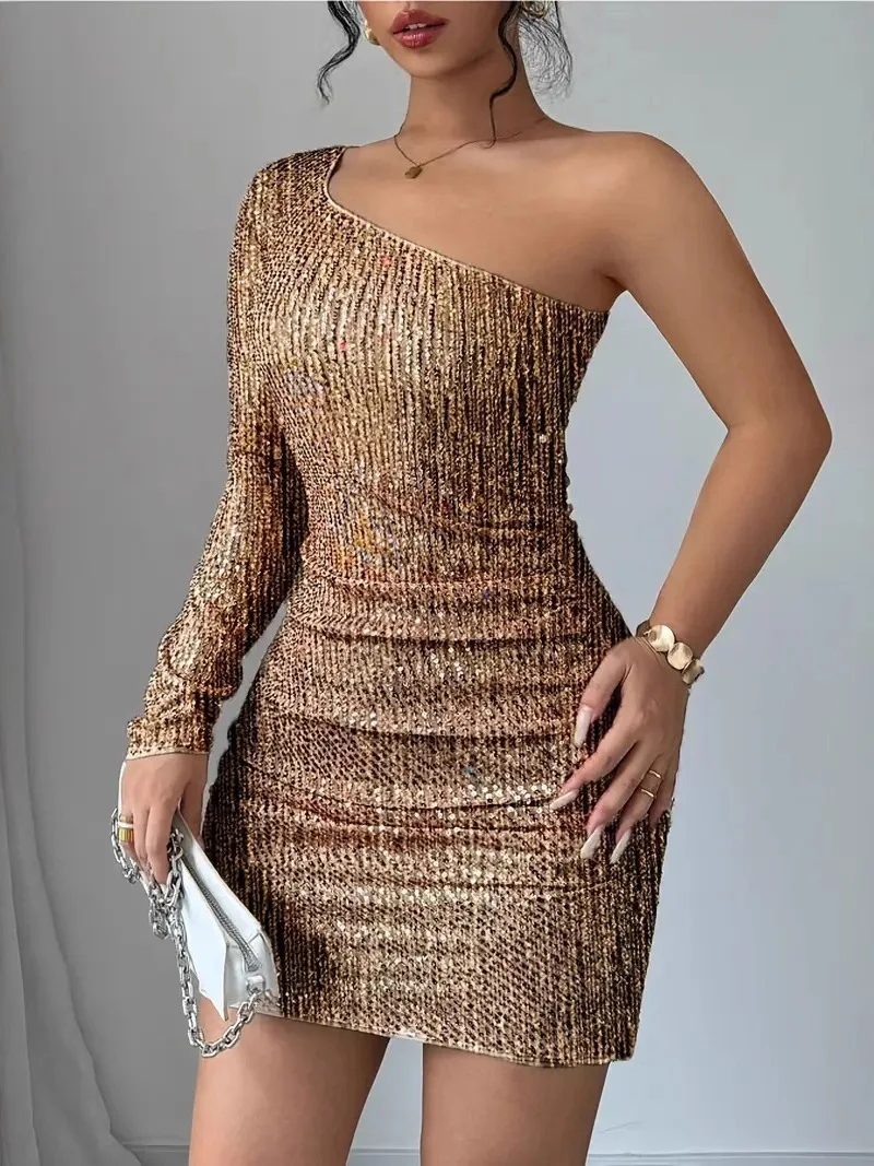Sexy oulder fente longue Sve moulante Dr or paillettes ort jupe femmes Faion printemps automne Dr brillant Polyester Fiber