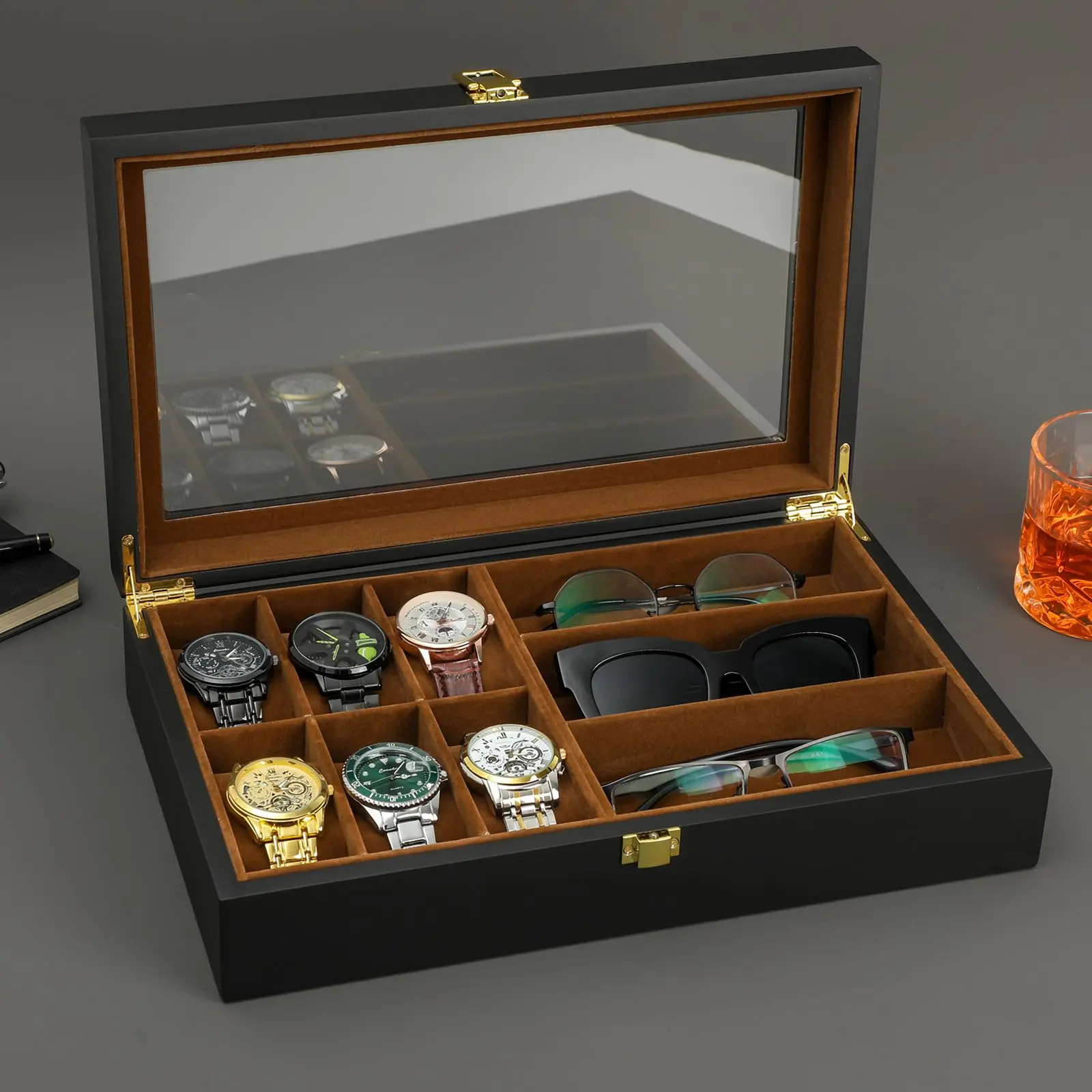 Watch Organizer Box,6 Watch 3 Slots Sunglasses Wooden Watch Organizer Box with Real Glass Top,Perfect Gifts for Family or Friend