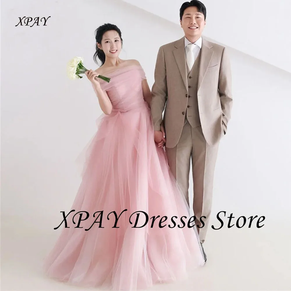 

XPAY Fairy Pink Korea Wedding Dresses Strapless Soft Tulle Draped Bridal Gown Bolero Photos Shoot Evening Dresses Customized