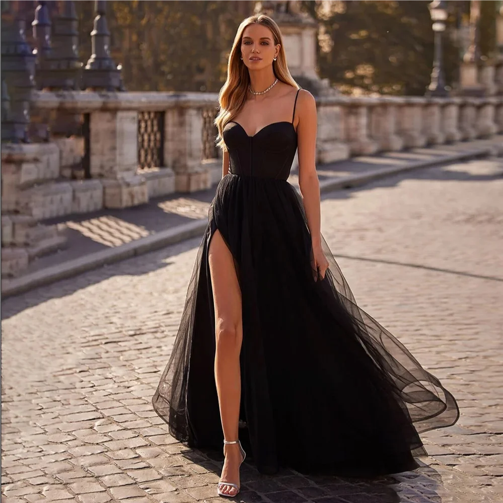 Ärmelloses, plissiertes A-Linien-Abschlussballkleid, Tüll, geteiltes Korsett, bodenlanges Abendkleid, maßgeschneiderte elegante Festkleider