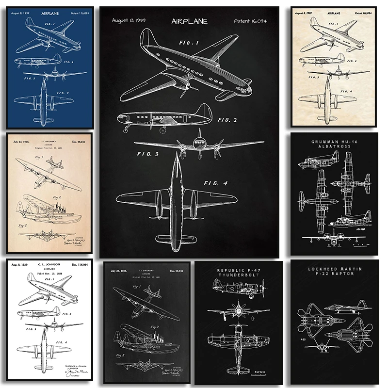 Vintage Airplane Blueprint Poster Prints Airliner Patent Canvas Painting Plane Blueprint Aviation Wall Home Decor Pilot Gift