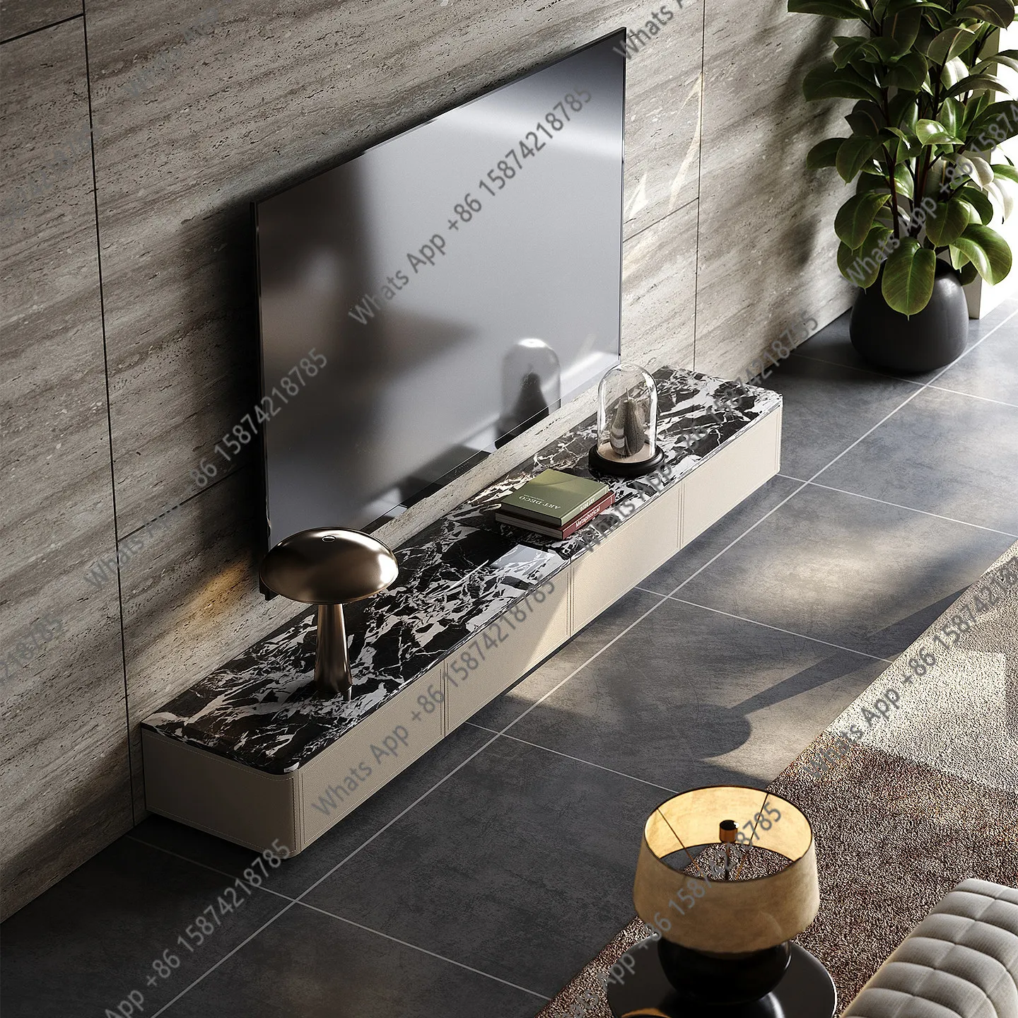Marble TV Cabinet Living Room Household Italian Light Luxury Premium Floor Saddle Leather TV Captain Cabinet