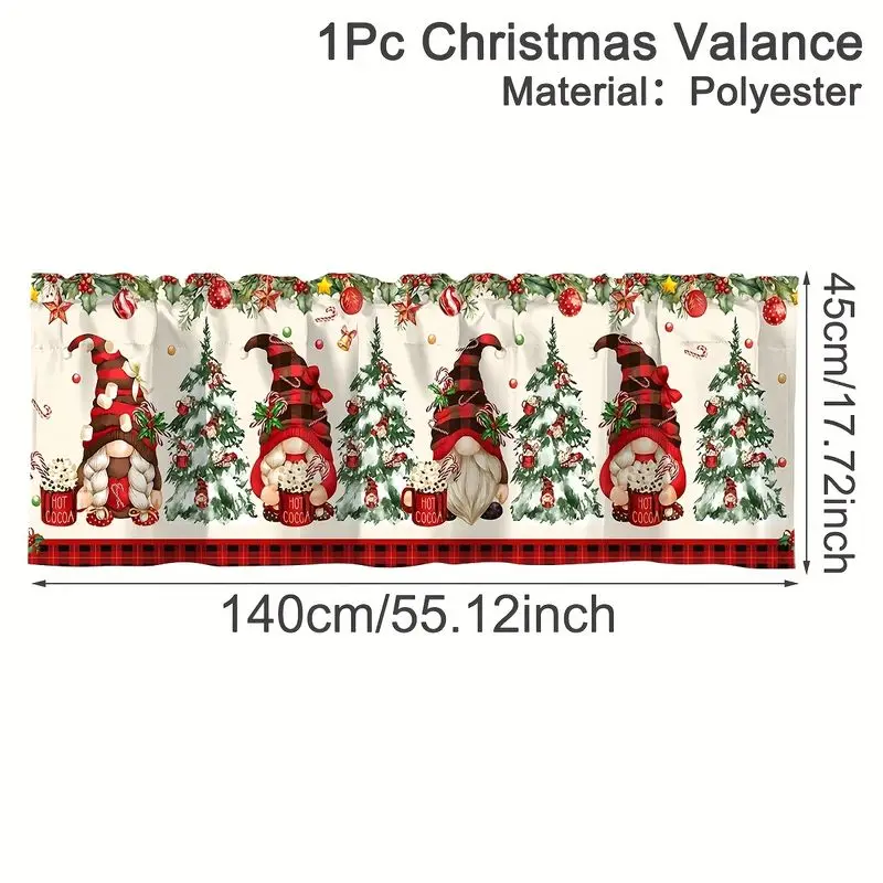 VIKAMA Christmas Window Valance Gnome Tree Print Kitchen Cafe Curtain Short Curtain for Kitchen Window Home Holiday Festive
