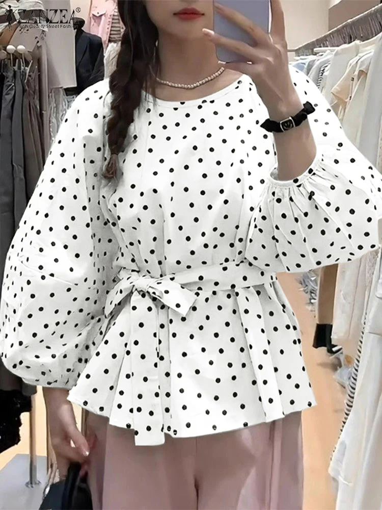 ZANZEA Women Fashion Lantern Sleeve Blouses 2025 Spring Casual O-Neck Tie-Waist Polka Dot Blusas Mujer Elegant OL Tunic Tops