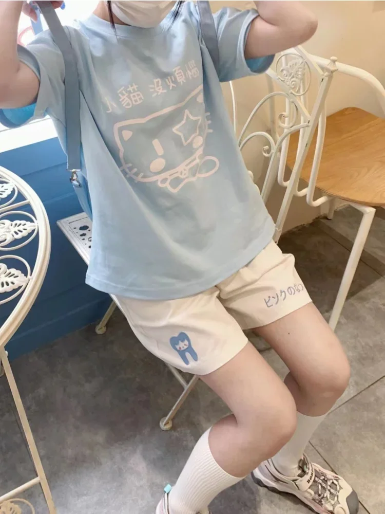 HOUZHOU Kawaii Japanese Style Beige Shorts Sweet Cute Cartoon Embroidery Wide Leg Pants Soft Girls Korean Style Oversize Sports