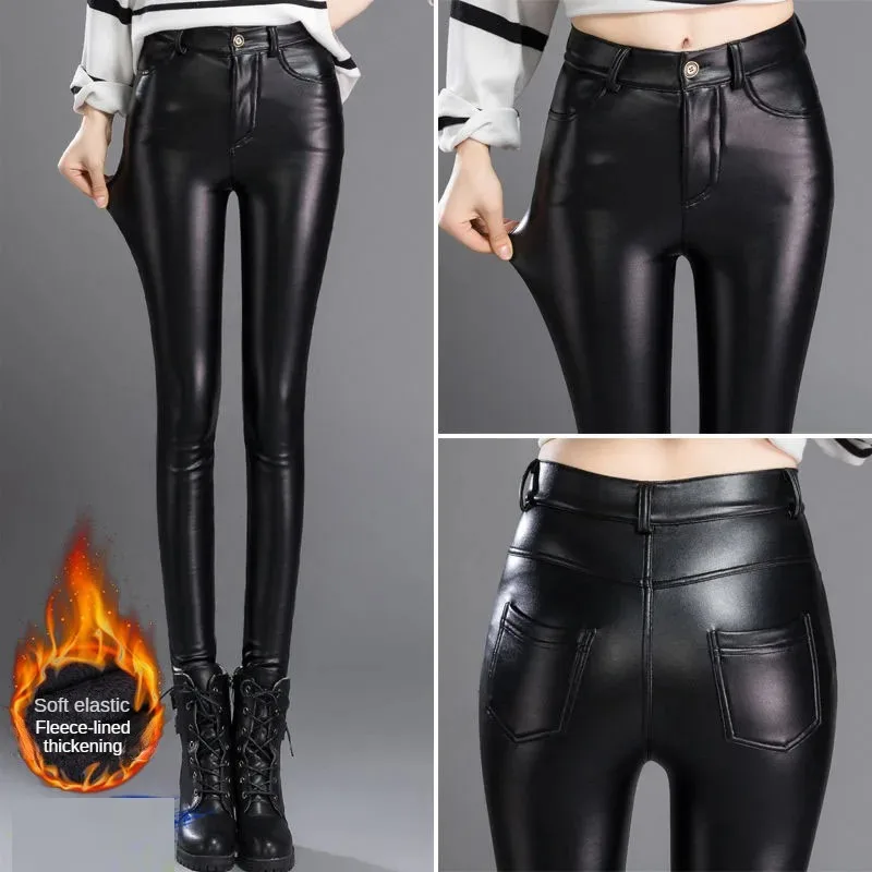 Cashmere PU Leather Pants Women's Autumn/Winter 2024 Thickened and Fleece High-… - Image 3