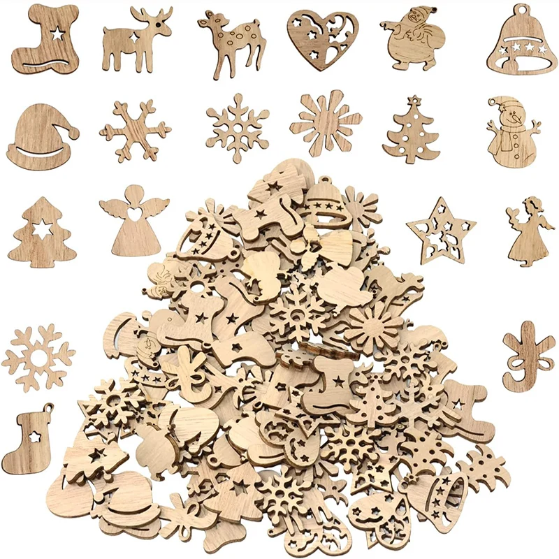 50Pcs Christmas Wooden Ornaments Unfinished Wood Slices Christmas Tree Hanging Decor for DIY Crafts Christmas Ornaments