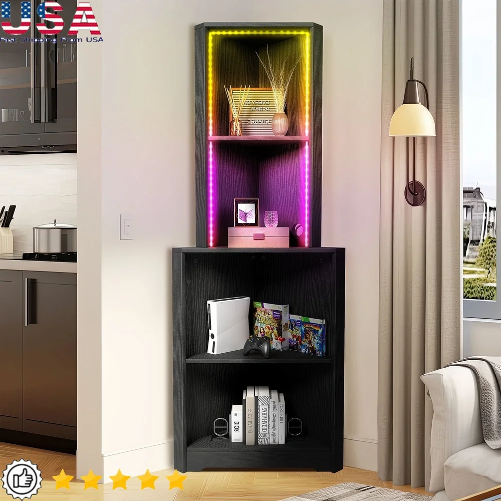 

5-Tier Corner Shelf with LED Light Wooden Open Cabinet Storage Rack Living Room Bedroom Office Space Saving Display
