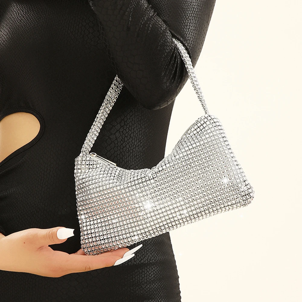 New Fashionable Shiny Zipper Underarm Bag Glitters Shoulder Bags for Women Elegant Charming Handbag for Banquets Parties