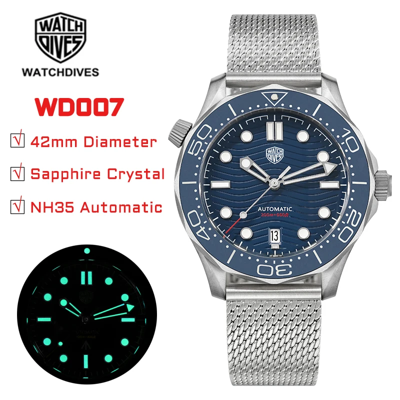 

Watchdives WD007 Watch NH35 Movement 007 NTTD Wristwatch Domed Sapphire Crystal Solid Bracelet C3 luminous Automatic Watches