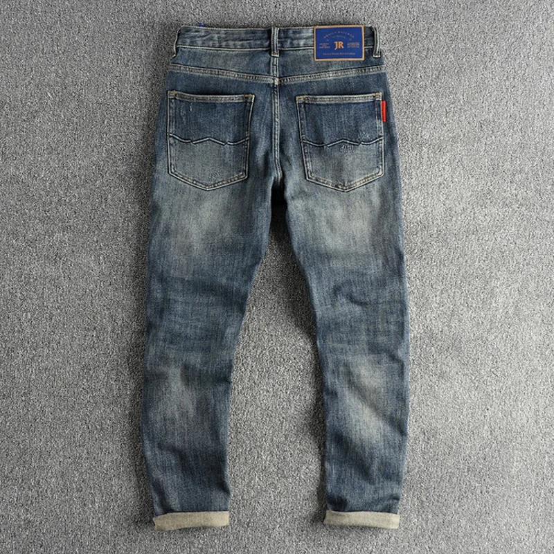 2024 Nostalgic Washed Cat Beard Craft Vintage Embroidered Jeans Men's Slim-Fitting Small Straight Fashion Youth Long Pants
