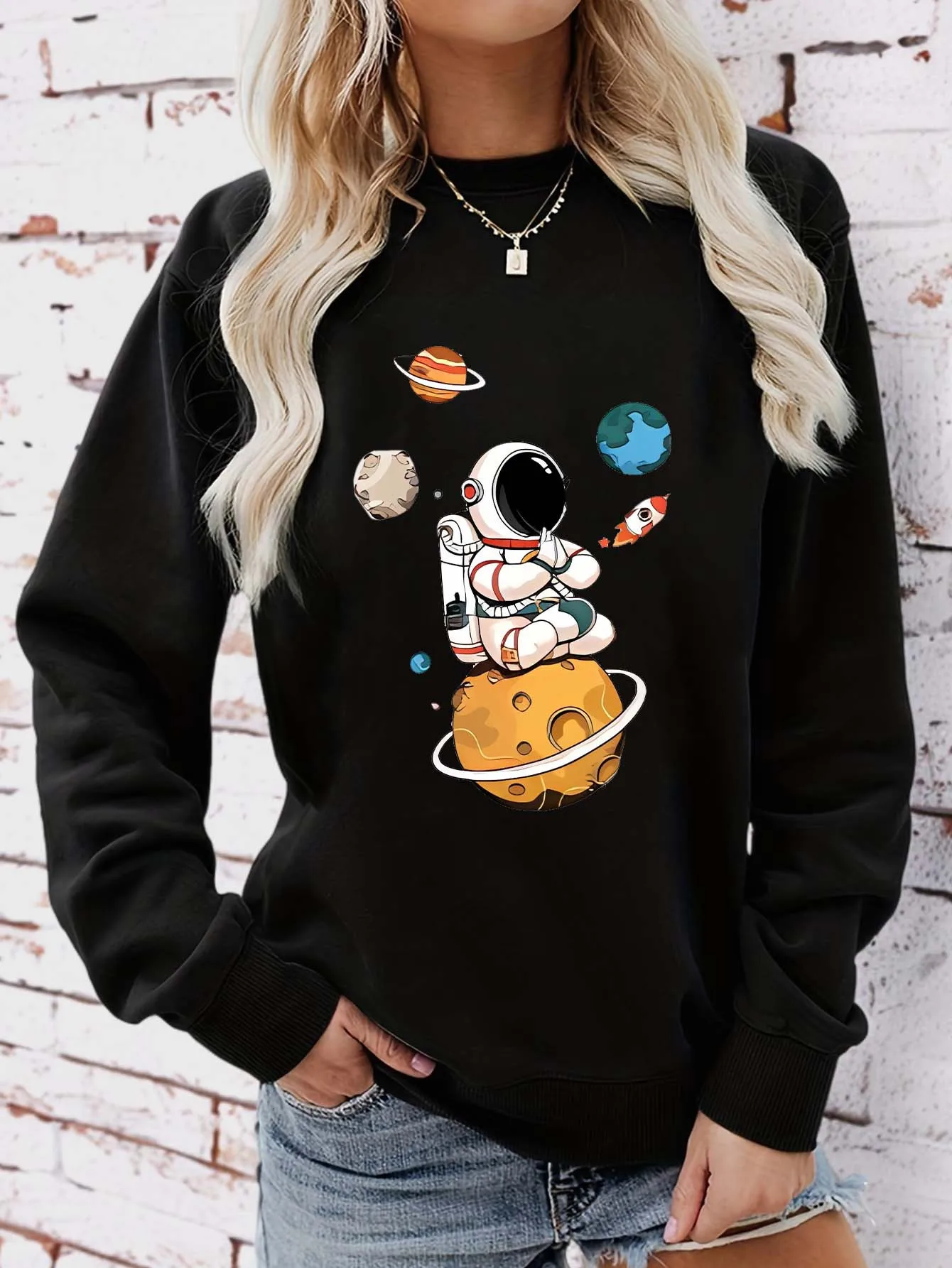 

Planet Astronaut pattern print, round-neck/round-neck casual sweatshirt, autumn long-sleeved pullover hoodie, women's wear