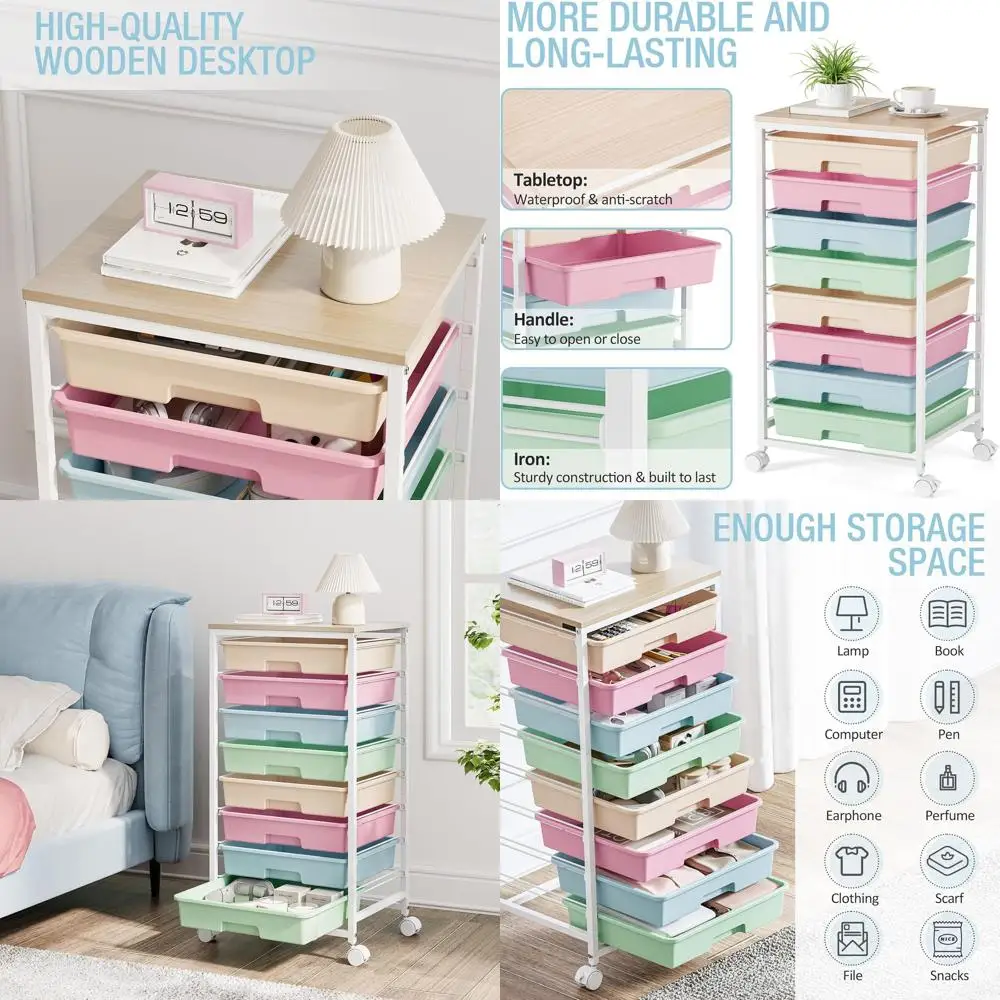 

Тележка на колесиках с 8 ящиками и деревянной столешницей, разноцветная для классной комнаты, художественных принадлежностей, офиса и организации спальни