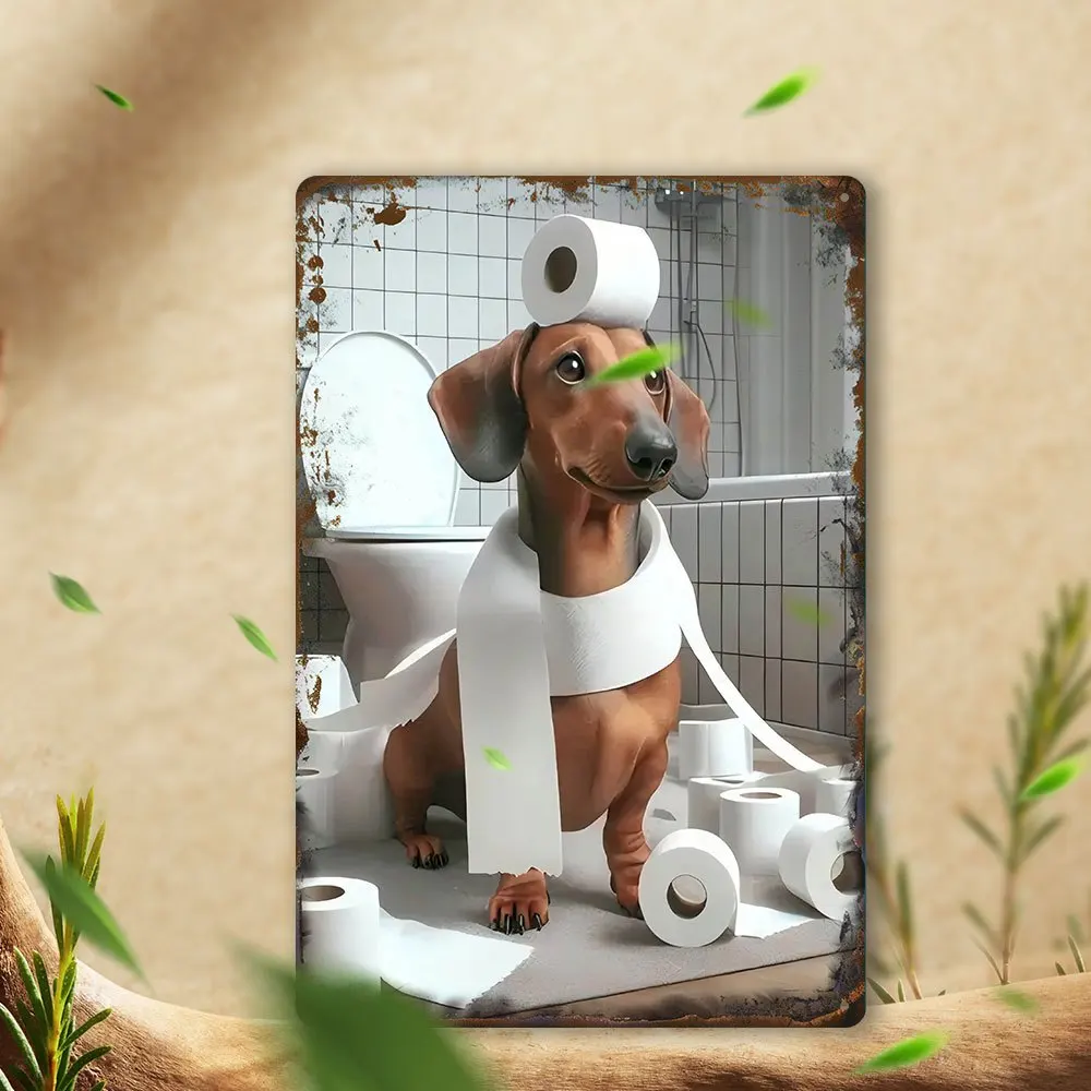 2D Flat - Whimsical Dachshund Bathroom Metal Sign - 20.32x30.48 cm Vintage Wall Art, Reusable Iron Decor with Humorous Dog view 2