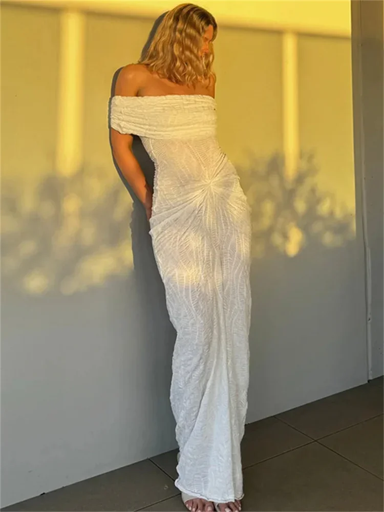 

Knit Elegant Off-Shoulder Long Dress Women's Pleated High Waist Bandeau Solid Party Dress Gown Female Knitwear Dress 2025