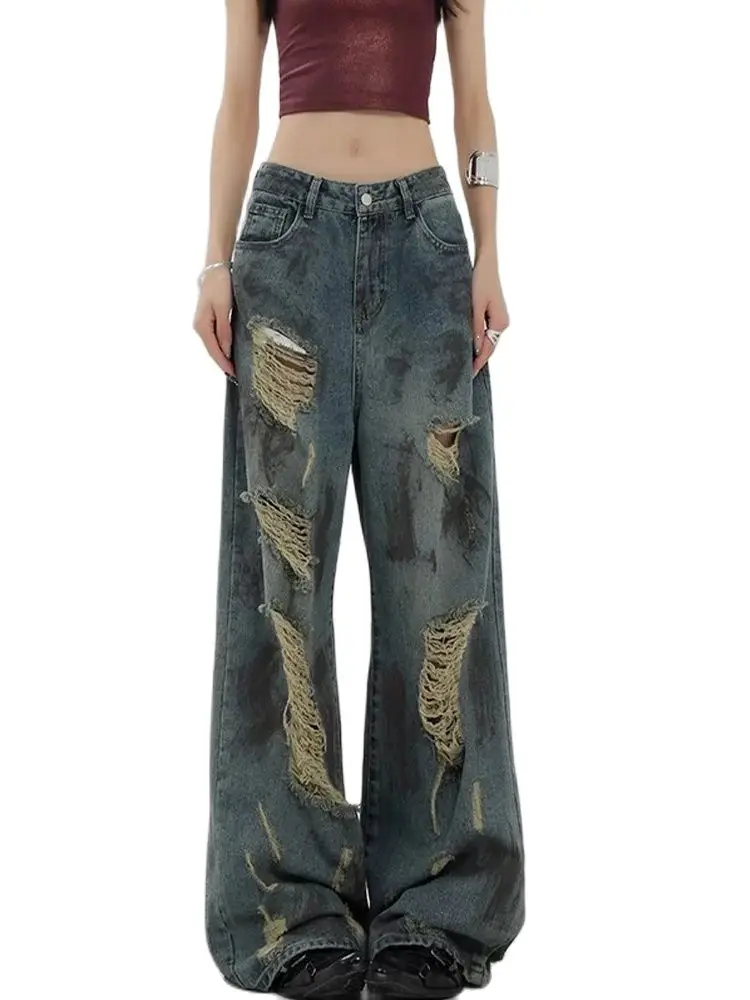 

2024 Women Washed Ripped Jeans Vintage Y2k 90s Aesthetic Baggy Jeans Tie Dyed High Waist Wide Leg Jeans Trashy Clothes