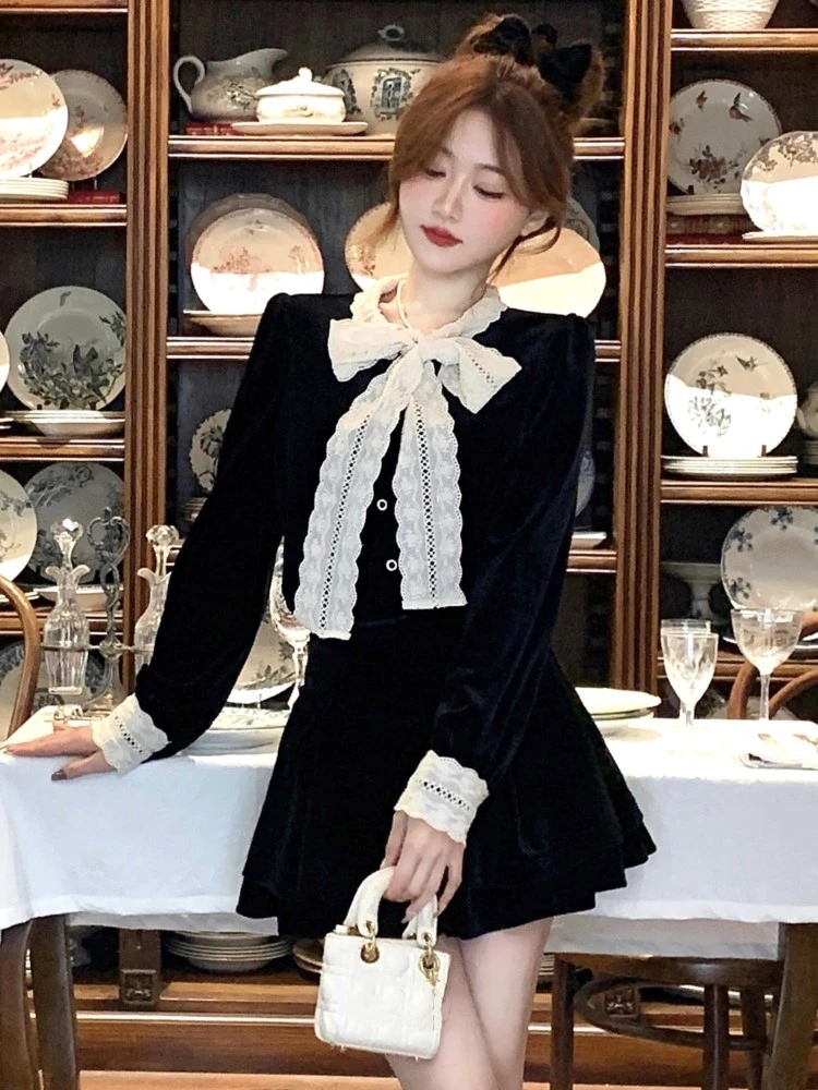 Velvet Skirt Set 2 Piece Sets Women Outfit Long Sleeve Lace Up Top Mini Pantskirt Elegant Chritmas Party Fashion Suit Autumn New