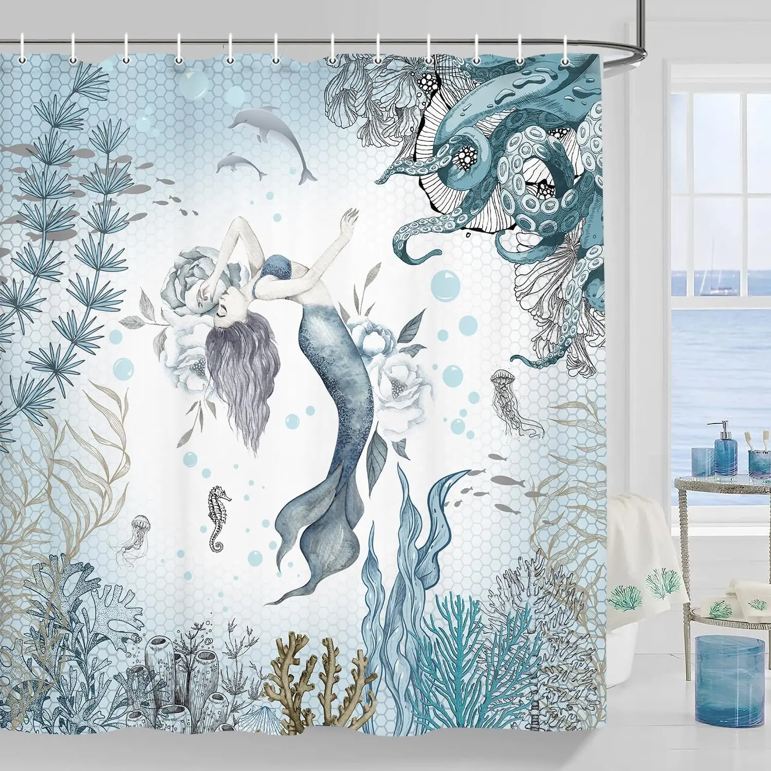 Mermaid Shower Curtain Sea Ocean Octopus Coral Reef Fish Seashell Jellyfish Theme Fabric Bath Curtain Sea Ocean Bathroom Curtain