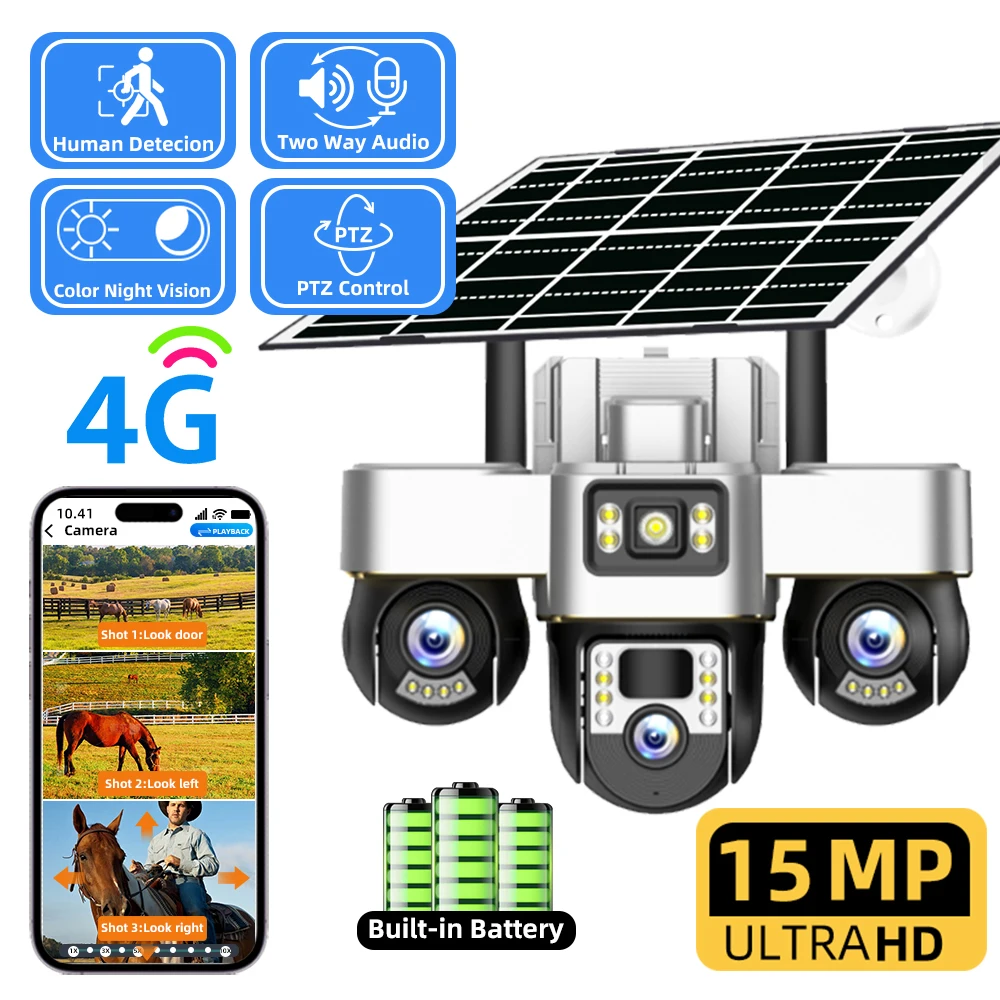 4G Solar Security Camera with SIM Card, 15MP Triple Lens Outdoor CCTV, Built-in Battery, V380 Pro