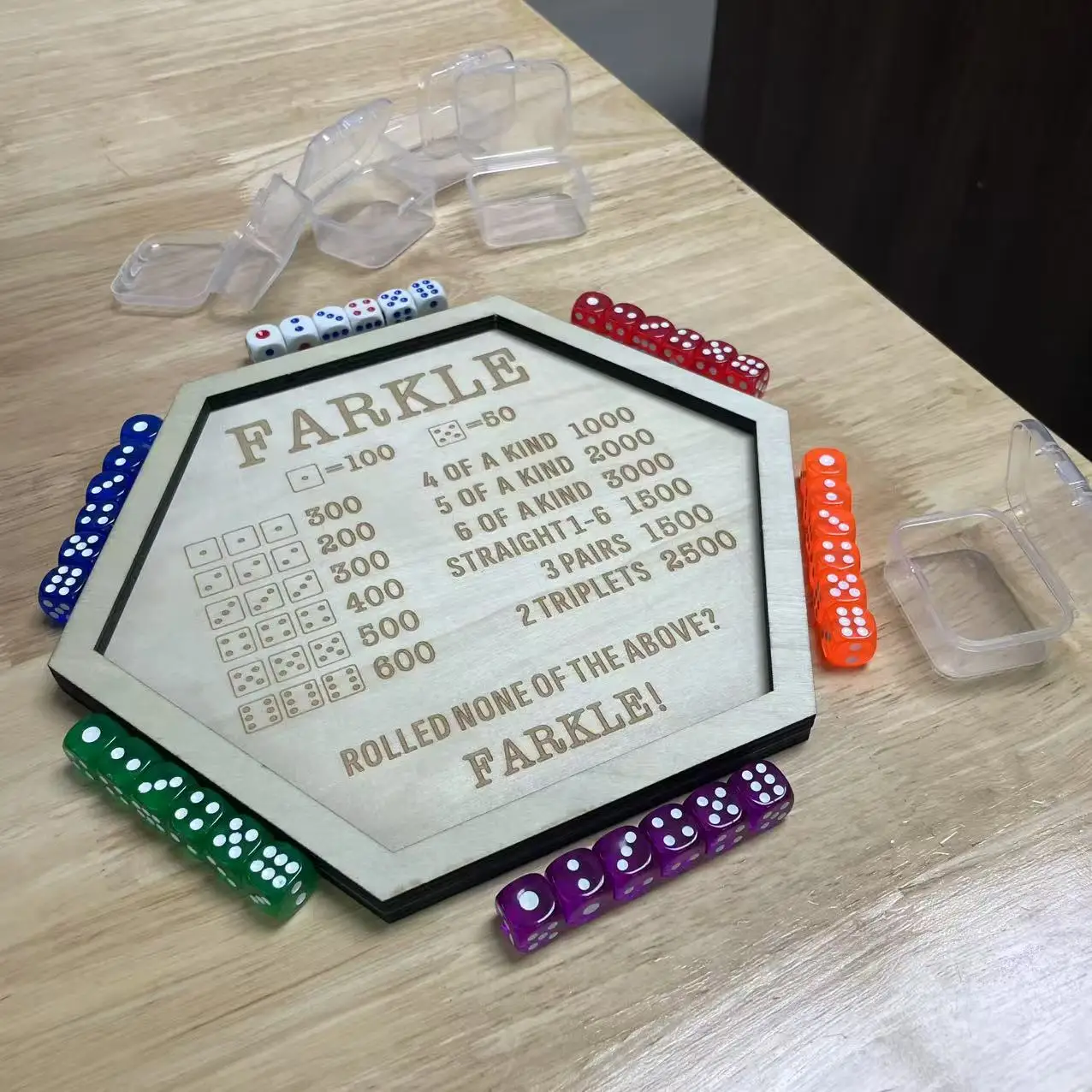 Farkle Deluxe Solid Wood Dice Tray Set, Hexagonal Polygonal Tray with 6 Colorful Dice & Storage Case for Family Game Night