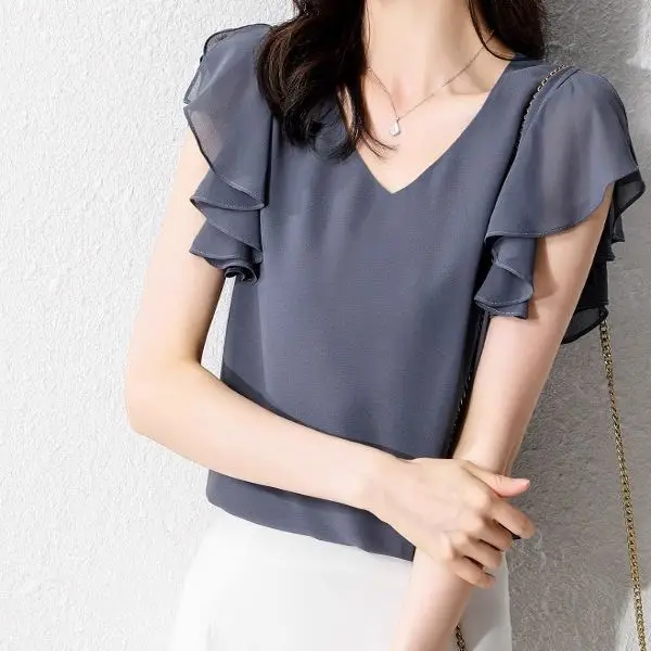 

Summer High End Chiffon Blouse with Ruffled Hem Short Sleeved Elegant Loose Fit Plus Size New Style Fashionable Top