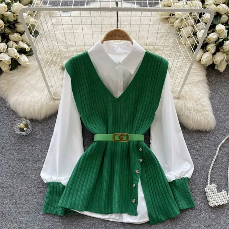 

New Autumn And Winter Light Wind Wearing Loose Lapels Splicing White Shirt V-neck Diagonal Buckle Knitted Vest Two-Piece Suit