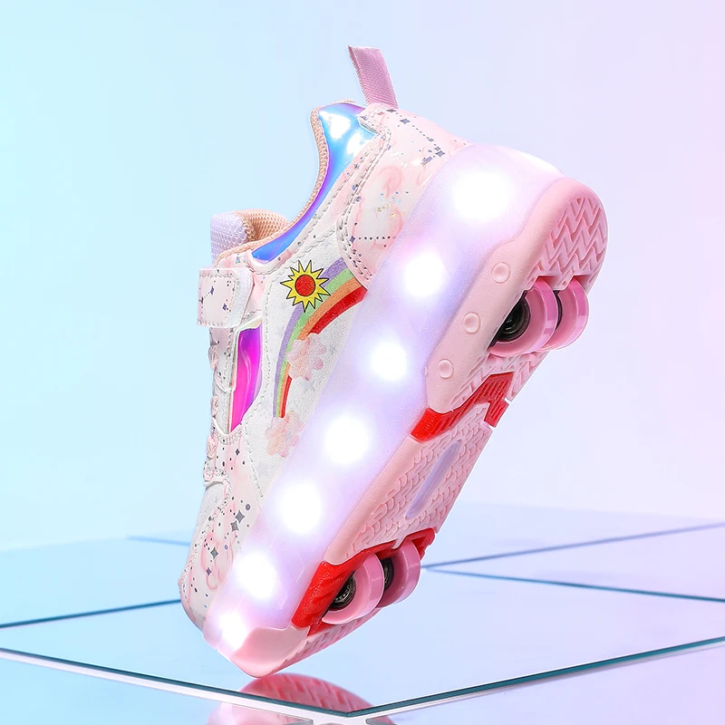 

New Older Kids' Girls' Heelys: 4-Wheel Detachable Light-Up & Breathable Roller Skates with Rotating Buckle