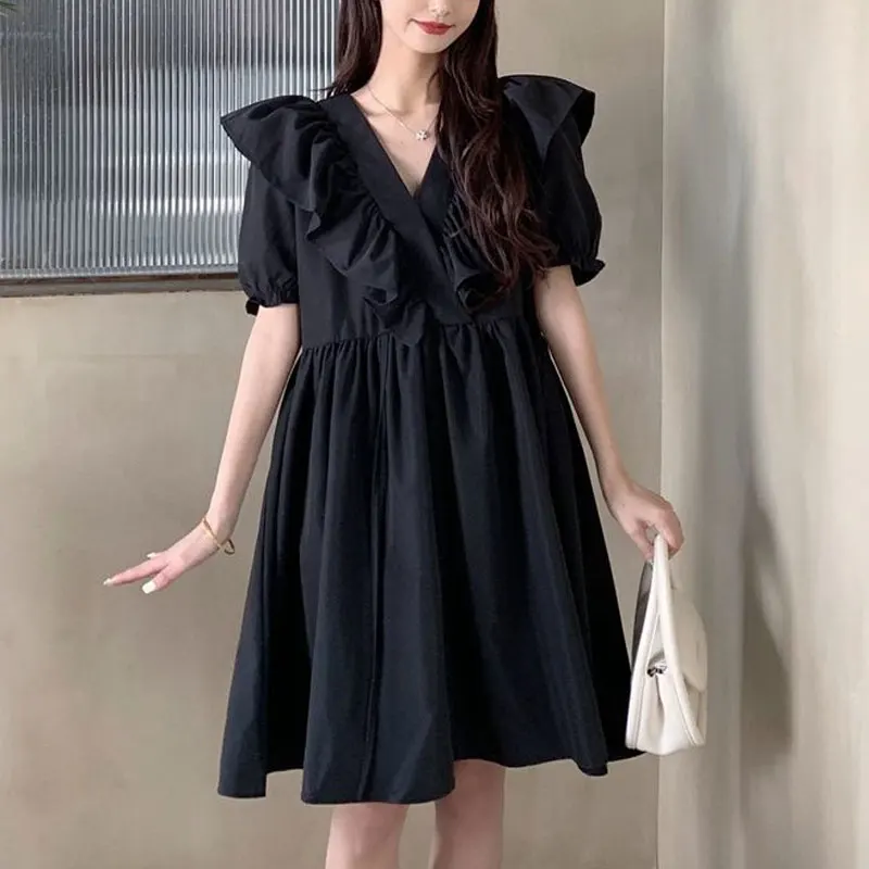 Stylish Ruffles Spliced Loose Dresses Solid Color Women\'s Clothing Casual V-Neck Summer New Short Sleeve Sweet A-Line Midi Dress