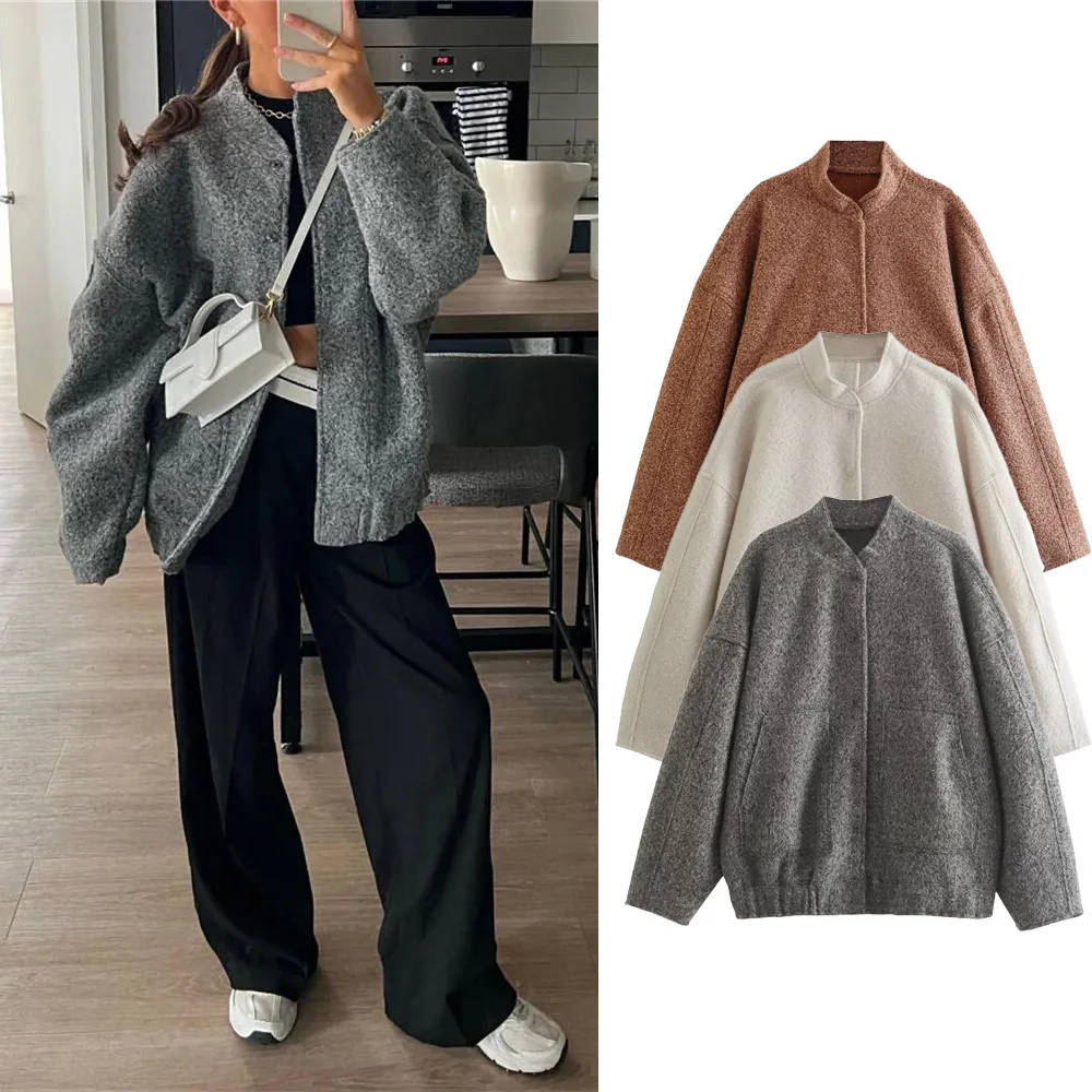 Woman Fashion Loose Gray Warm Baseball Jacket 2024 Autumn Casual Oversized Bomber Jacket Girls Vintage Thick Warm Outwear