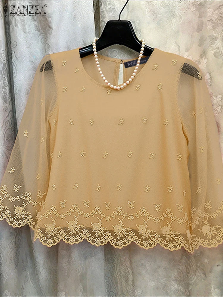 

ZANZEA Women Blouse 2025 Elegant Perspective Mesh Patchwork Tunic Tops 3/4 Sleeve Casual Print Shirts Autumn Loose Blusas Femme