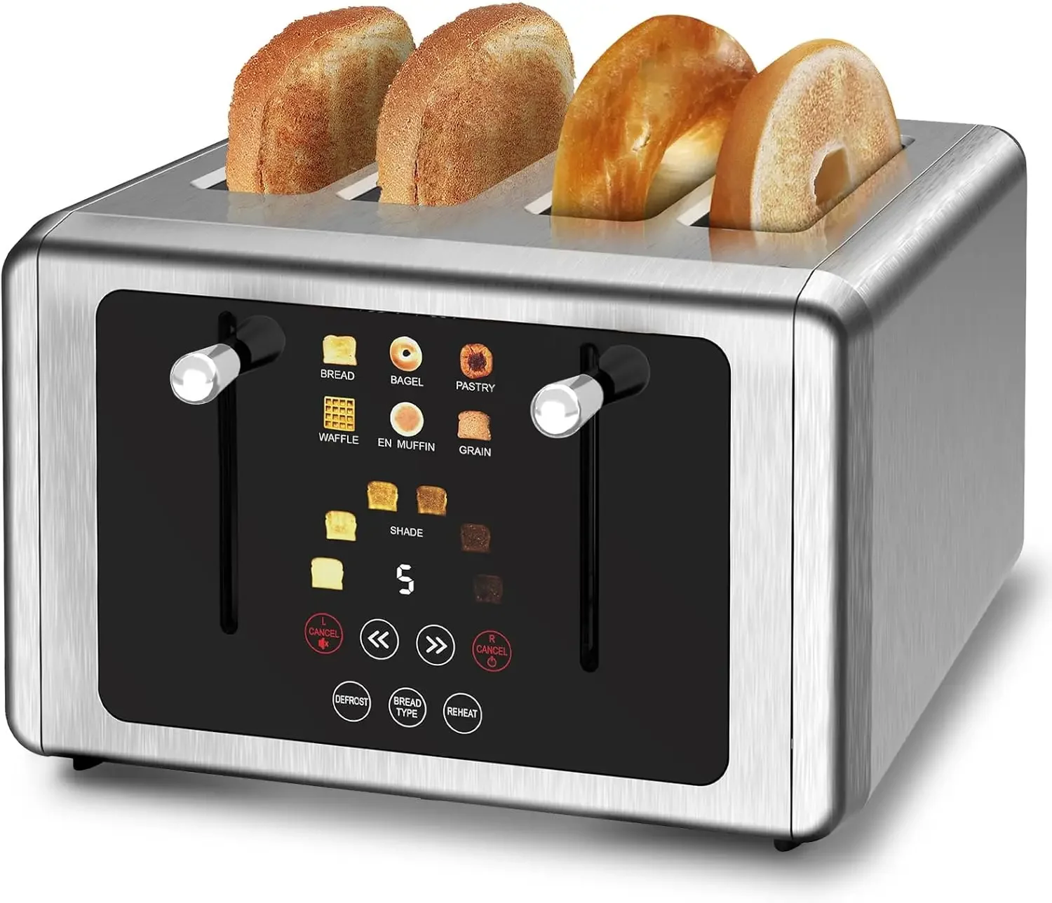 Toaster 4 slice, Stainless Steel Digital Timer Toaster with Sound Function, 6 Bread Types & 6 Shade Settings, Smart Extra Wide S