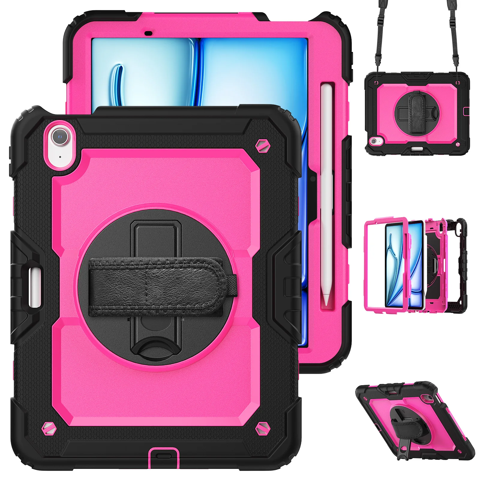 360 Rotating Stand Case For iPad Air 11 2024 Model A2902 A2899 A2900 Heavy Duty Cover  With Screen Protector Hand Shoulder Strap