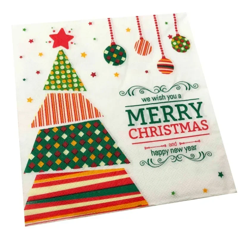 New Christmas Tree Colorful Printed Napkins Square Paper Napkins Restaurant Cafe Folded Facial Tissue 2 Ply 33*33cm Food Grade